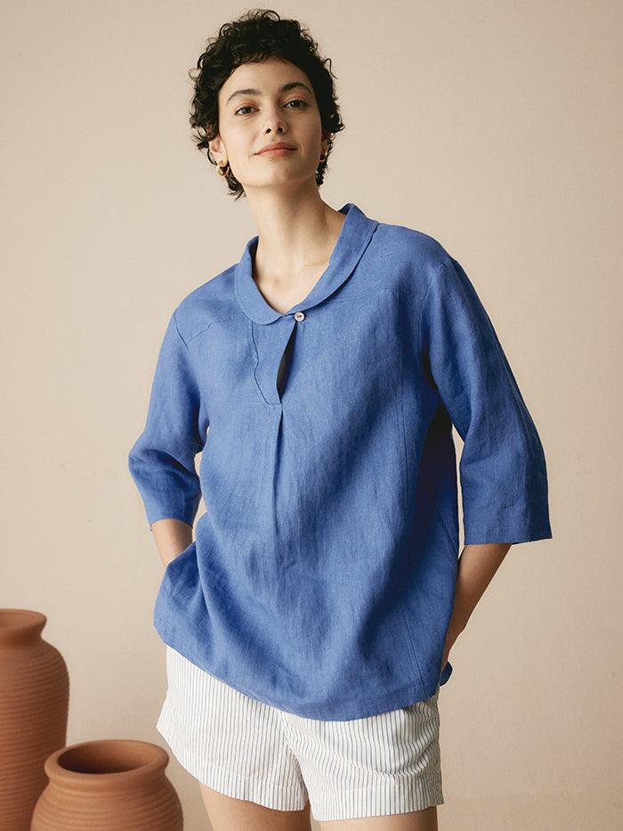 Giada | Top in Lino con Scollo a V e Maniche Corte