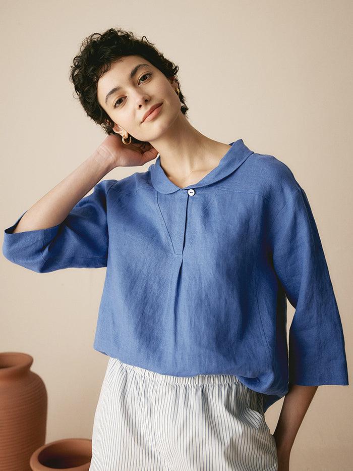 Giada | Top in Lino con Scollo a V e Maniche Corte