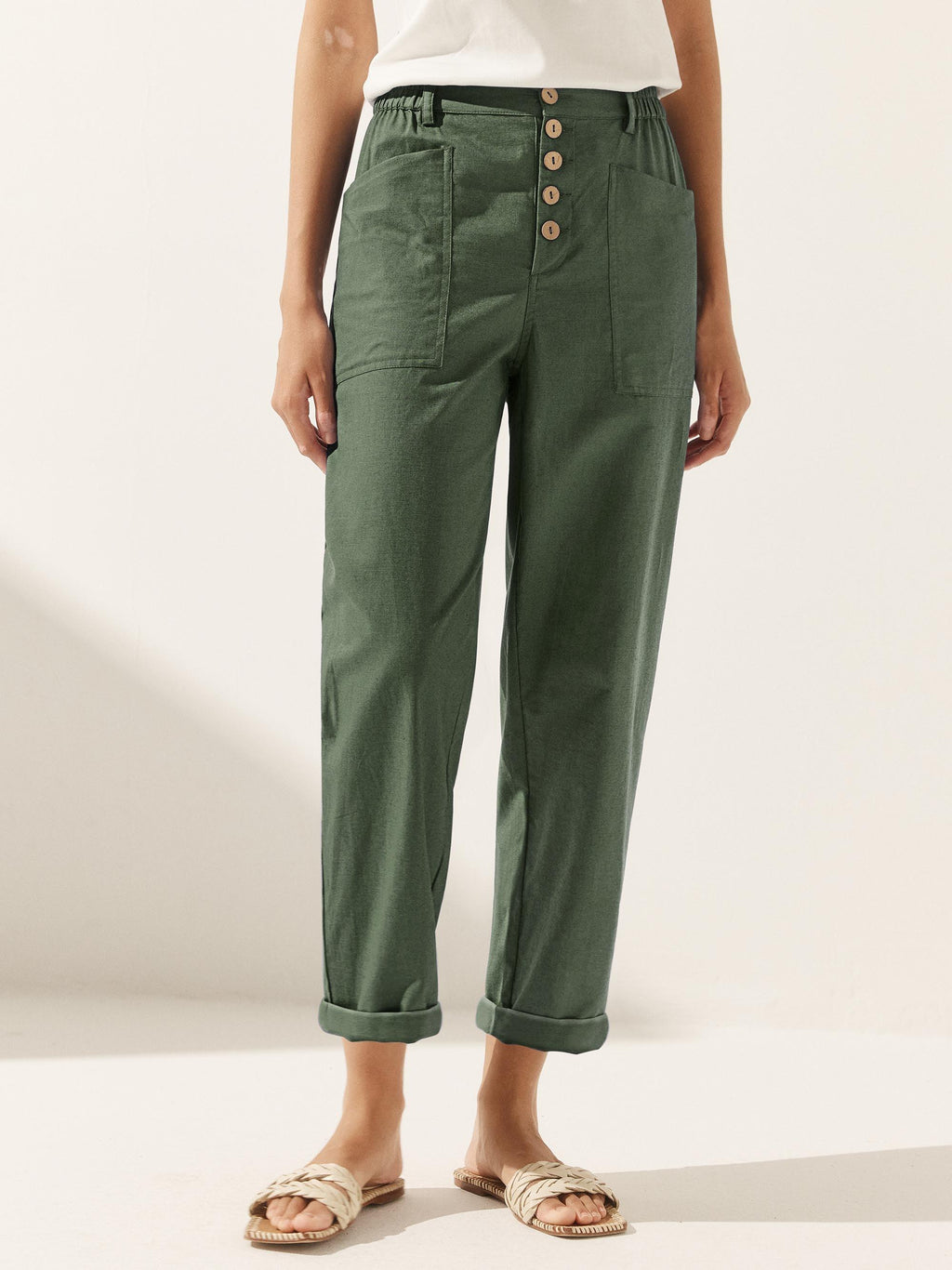 Elena | Pantaloni in Lino con Chiusura a Bottone