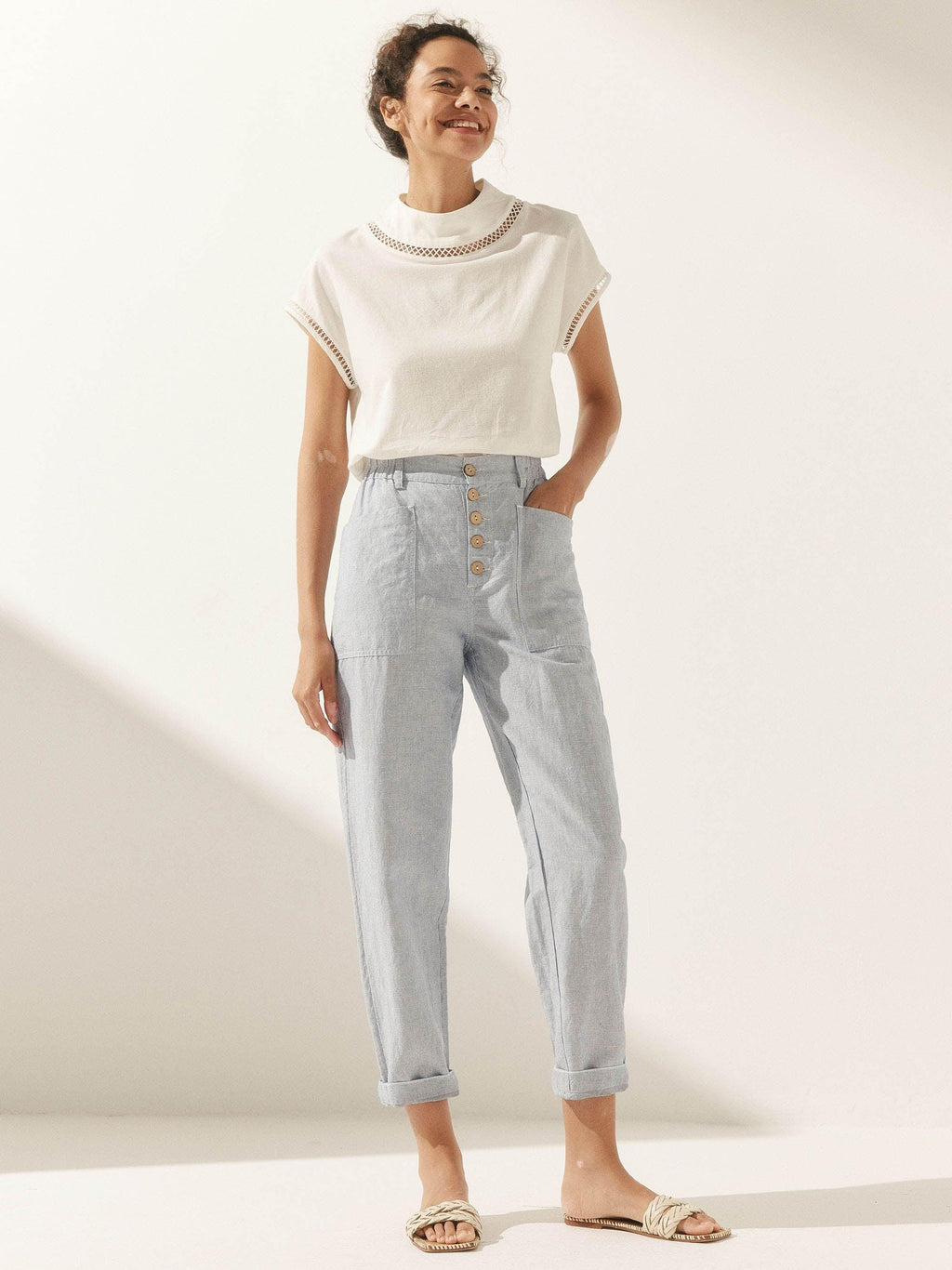 Elena | Pantaloni in Lino con Chiusura a Bottone