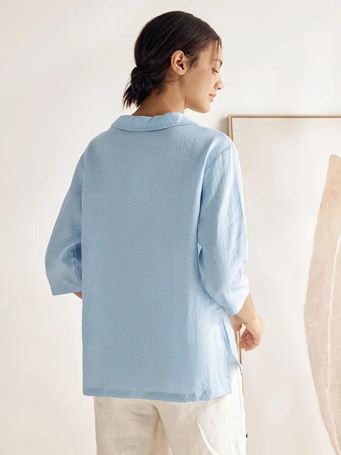 Giada | Top in Lino con Scollo a V e Maniche Corte
