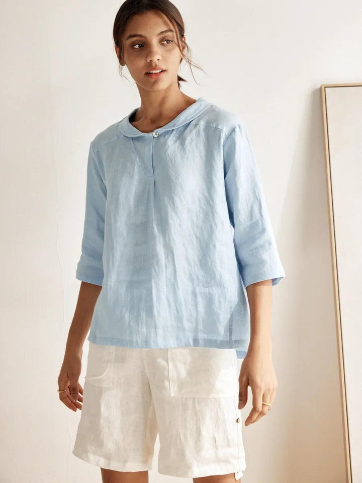 Giada | Top in Lino con Scollo a V e Maniche Corte