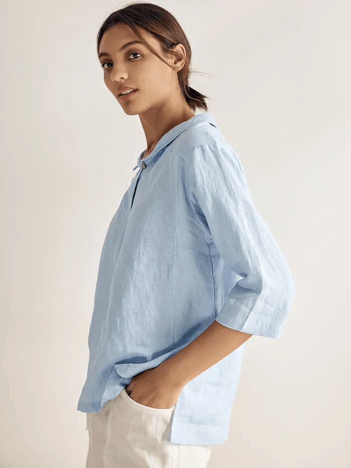 Giada | Top in Lino con Scollo a V e Maniche Corte