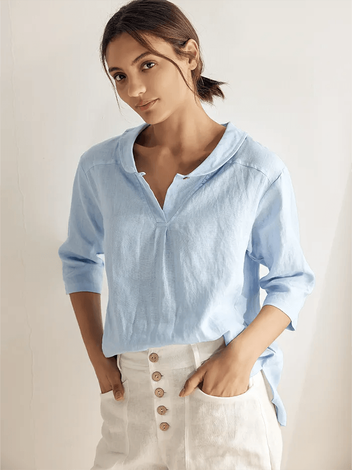 Giada | Top in Lino con Scollo a V e Maniche Corte