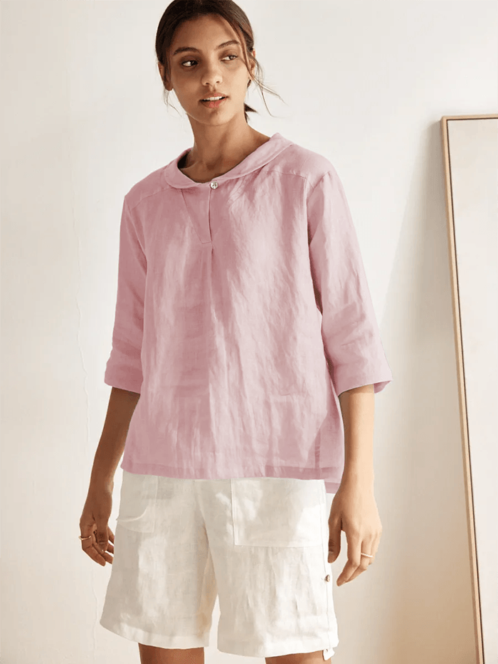 Giada | Top in Lino con Scollo a V e Maniche Corte