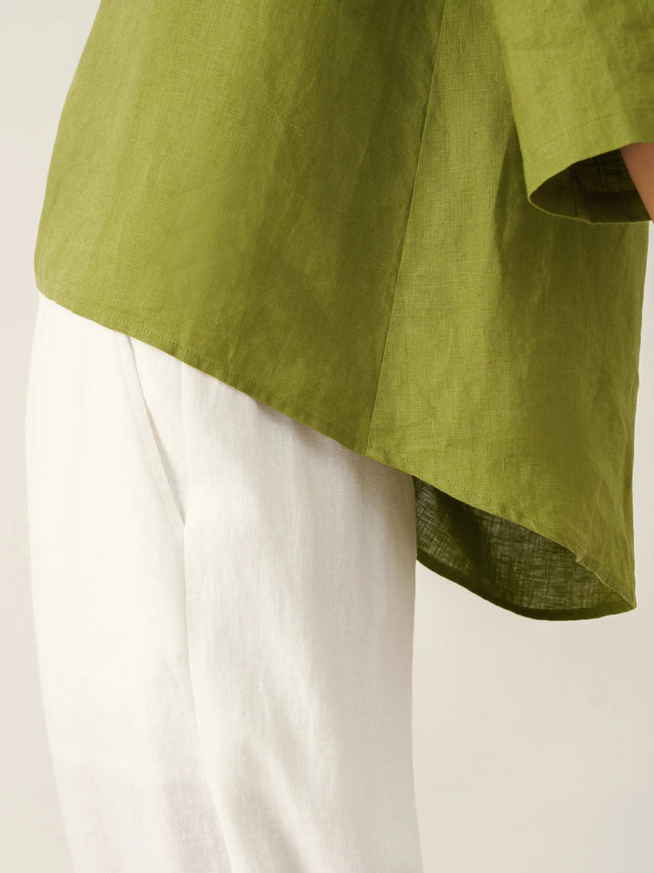 Brianna | Top in Lino con Collo Tondo e Orlo Asimmetrico