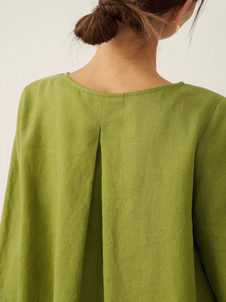 Brianna | Top in Lino con Collo Tondo e Orlo Asimmetrico