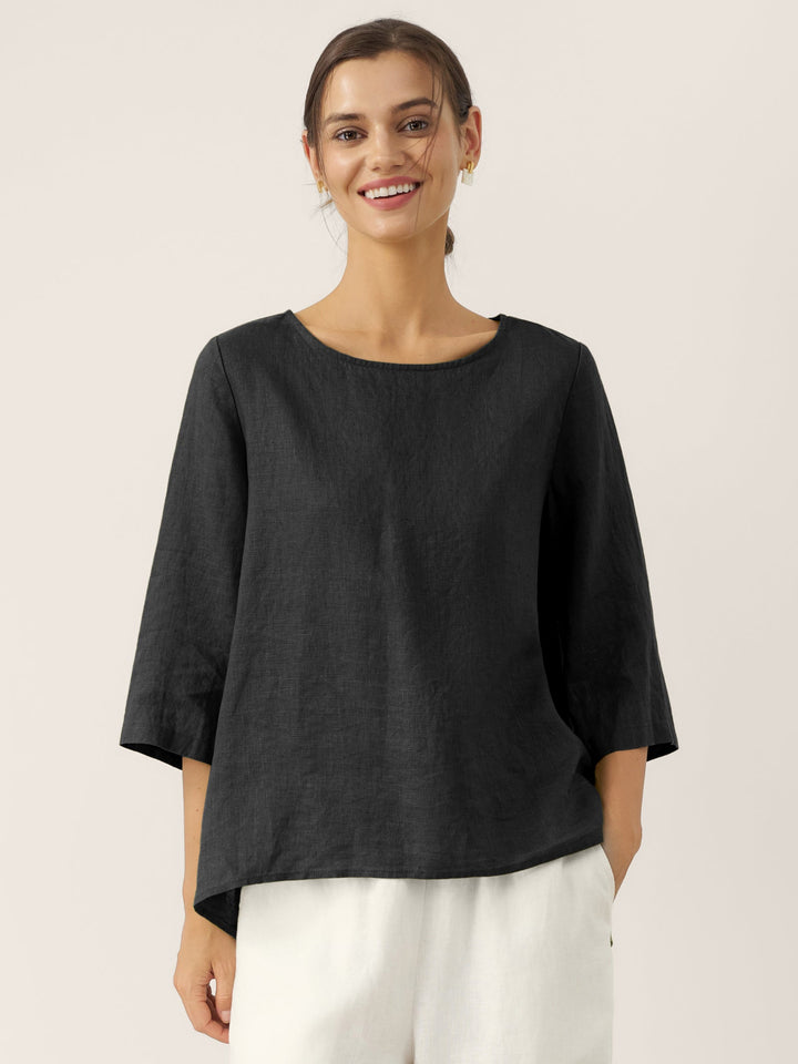 Brianna | Top in Lino con Collo Tondo e Orlo Asimmetrico