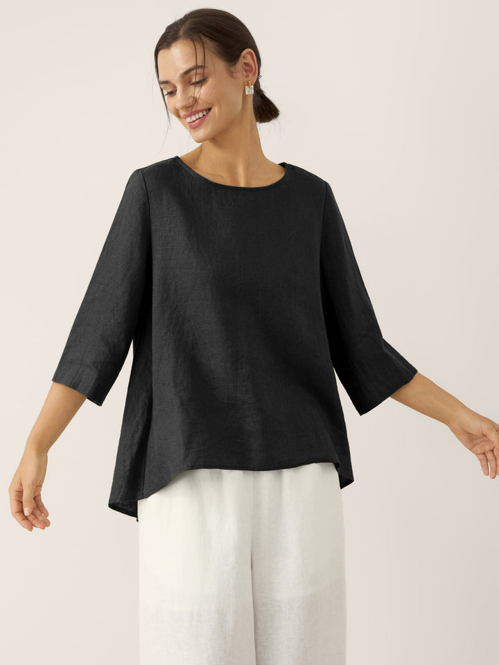 Brianna | Top in Lino con Collo Tondo e Orlo Asimmetrico