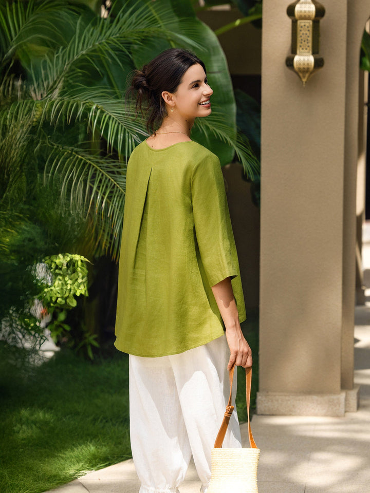 Brianna | Top in Lino con Collo Tondo e Orlo Asimmetrico
