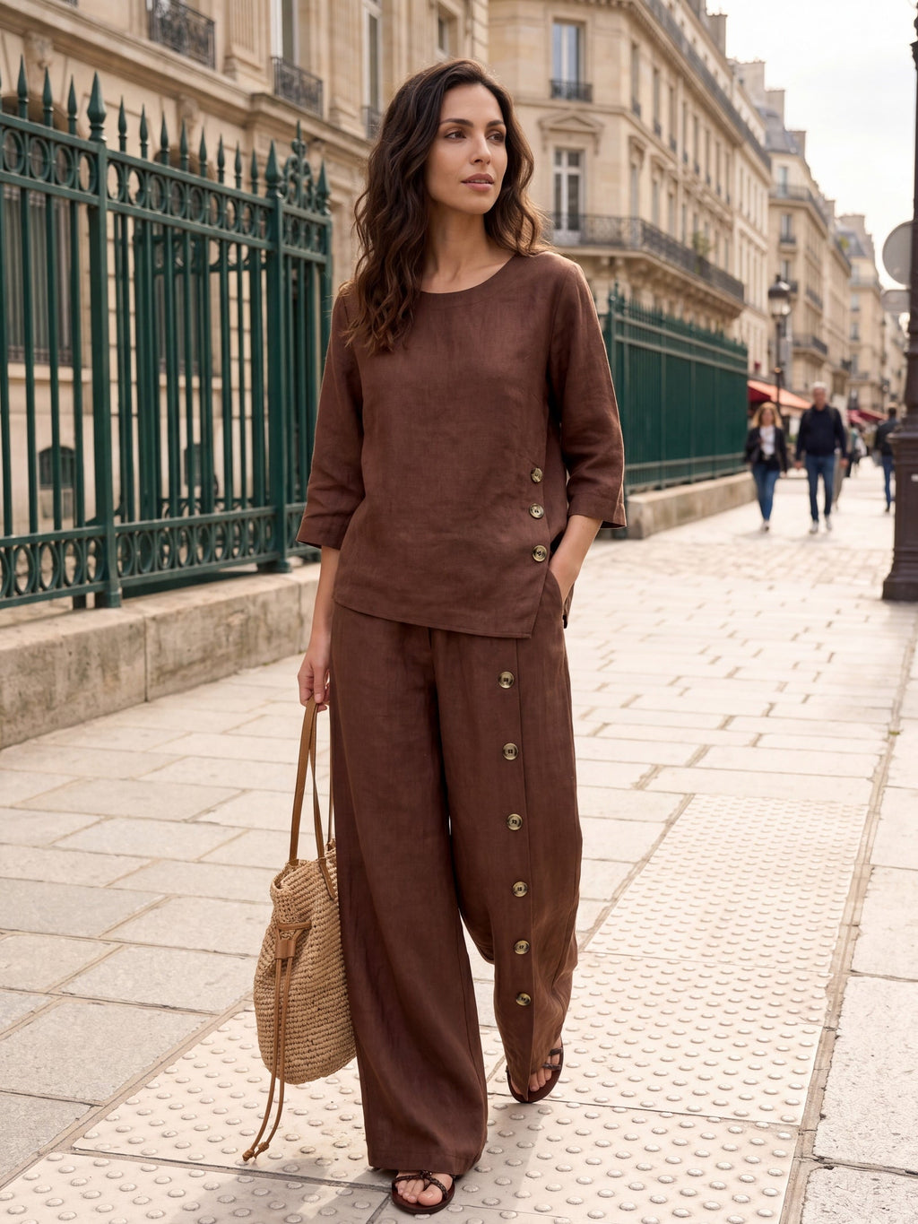 Francesca | Pantaloni in Lino con Bottoni e Spacchi Laterali