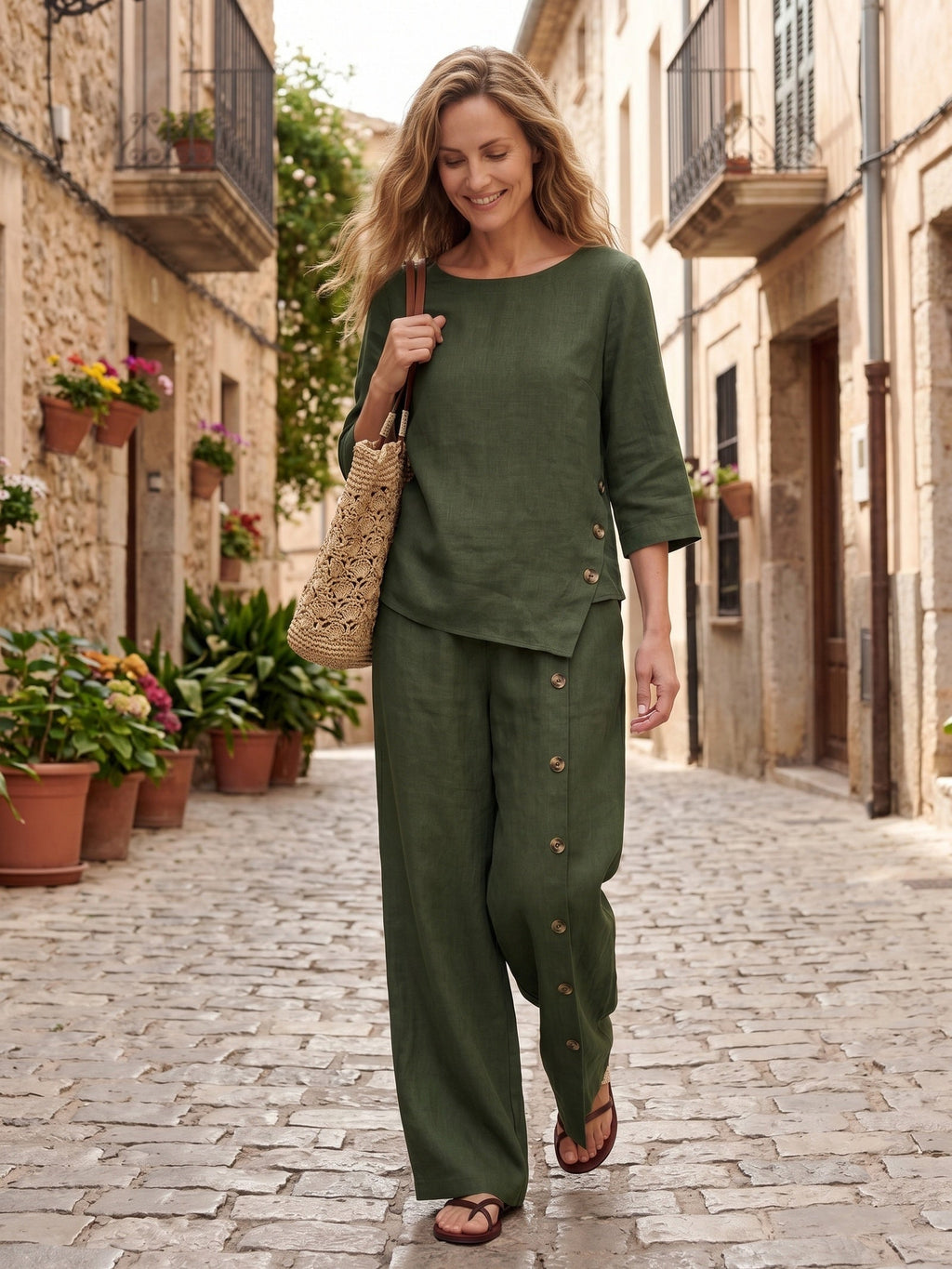 Nyla | Top in Lino con Orlo Asimmetrico e Bottoni