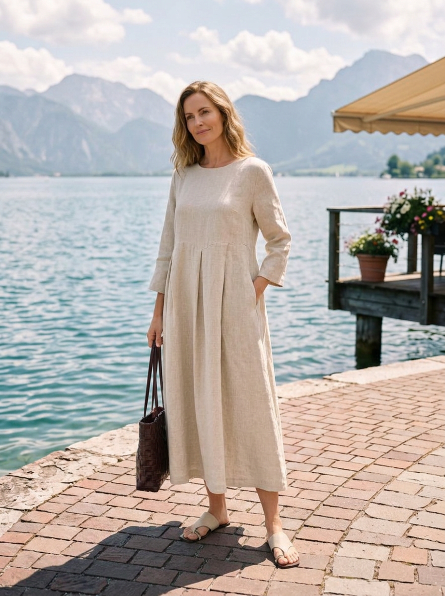 Abigail | Abito Midi Plissettato in Lino con Scollo a Barca