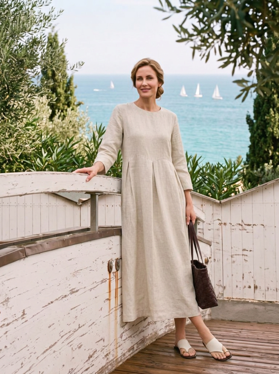 Abigail | Abito Midi Plissettato in Lino con Scollo a Barca