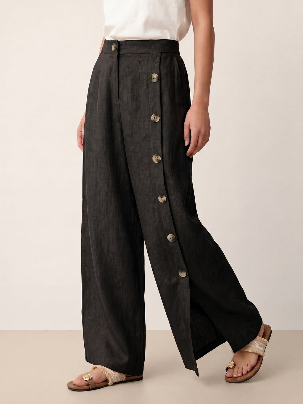 Francesca | Pantaloni in Lino con Bottoni e Spacchi Laterali