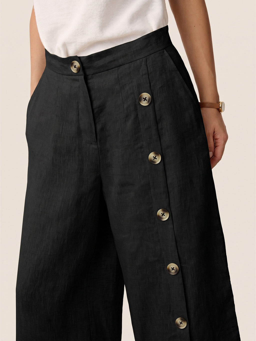 Francesca | Pantaloni in Lino con Bottoni e Spacchi Laterali