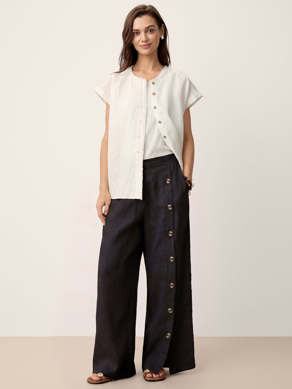 Francesca | Pantaloni in Lino con Bottoni e Spacchi Laterali