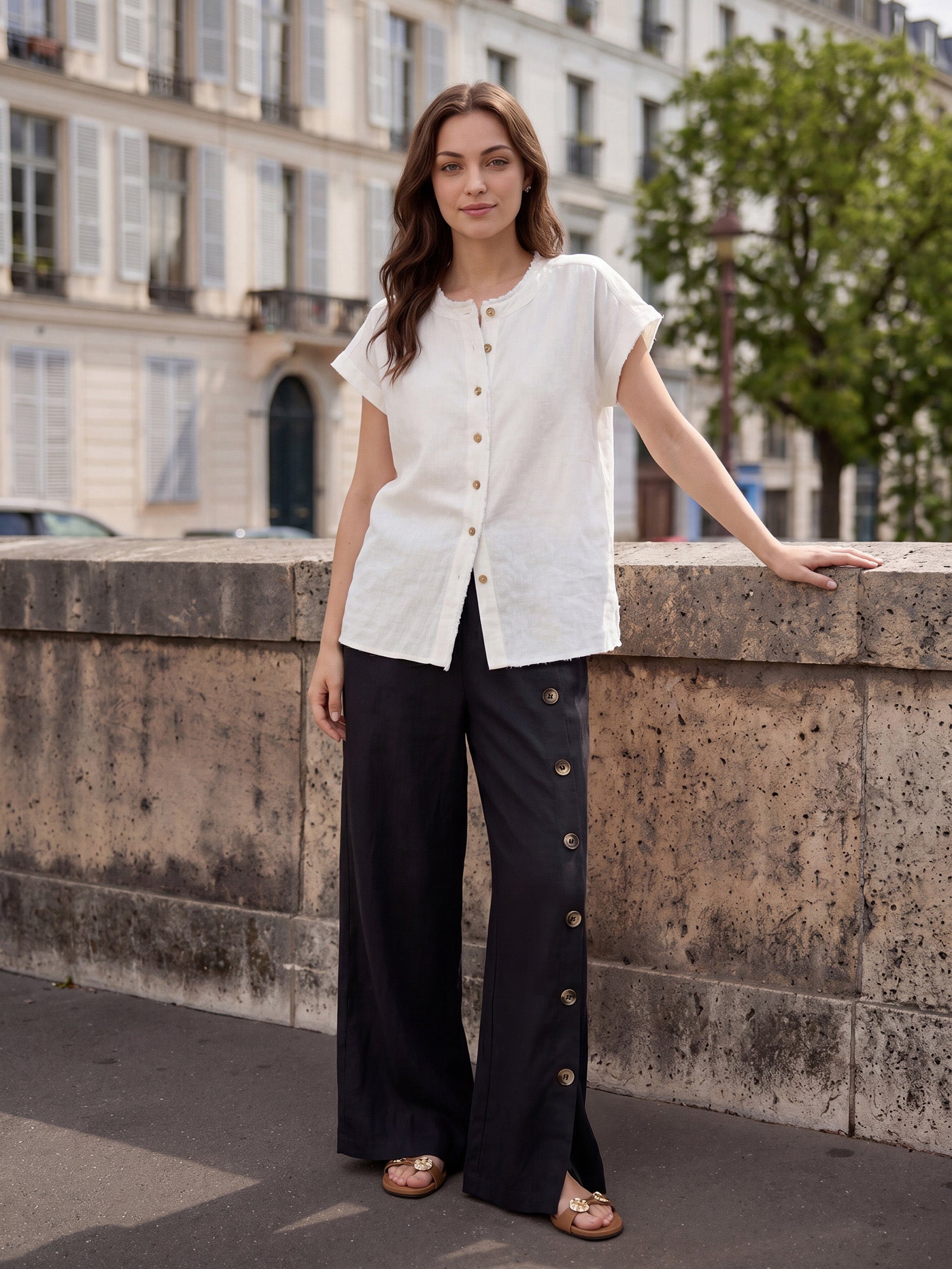 Francesca | Pantaloni in Lino con Bottoni e Spacchi Laterali