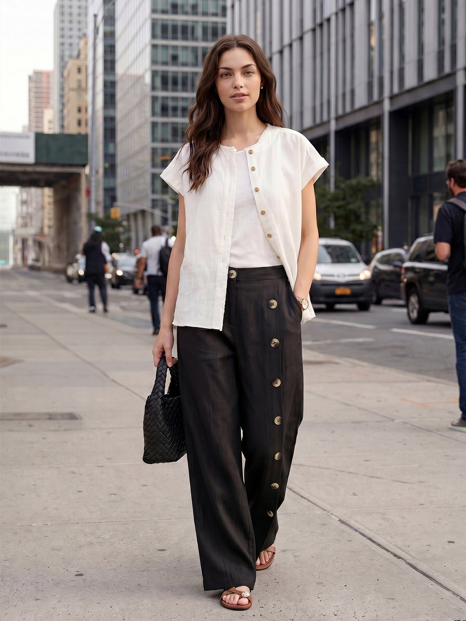 Francesca | Pantaloni in Lino con Bottoni e Spacchi Laterali