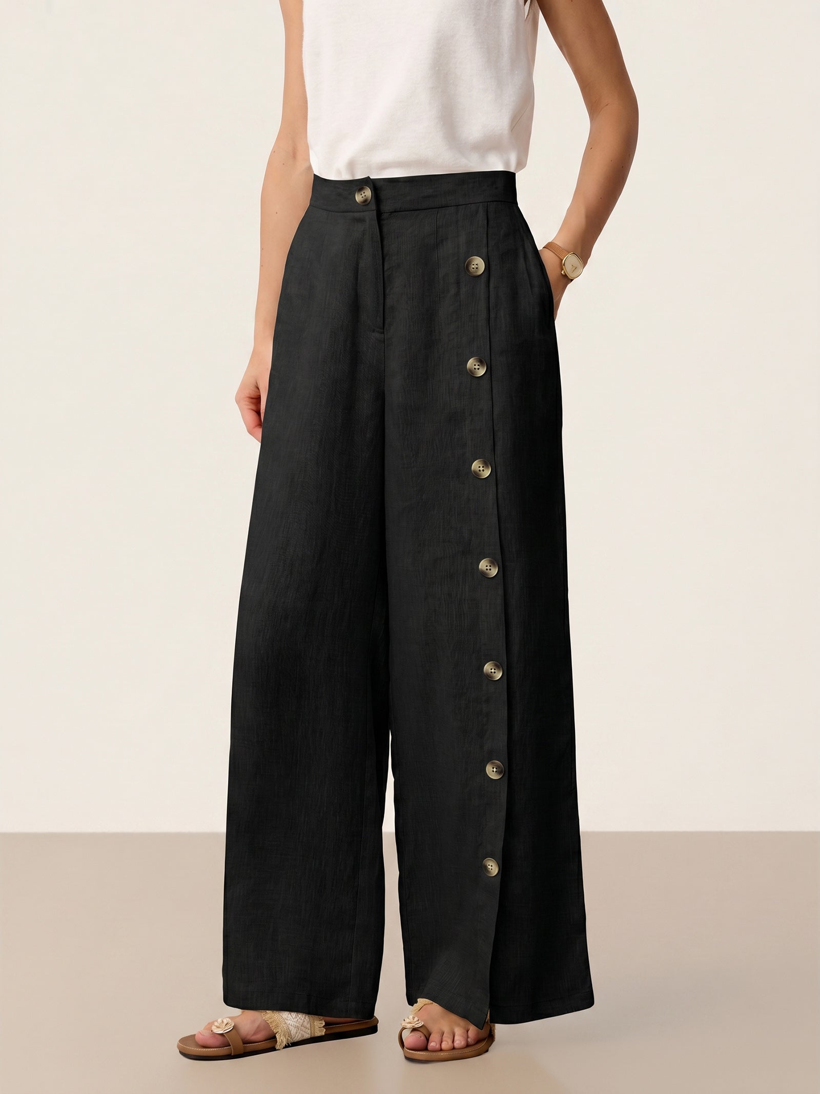 Francesca | Pantaloni in Lino con Bottoni e Spacchi Laterali