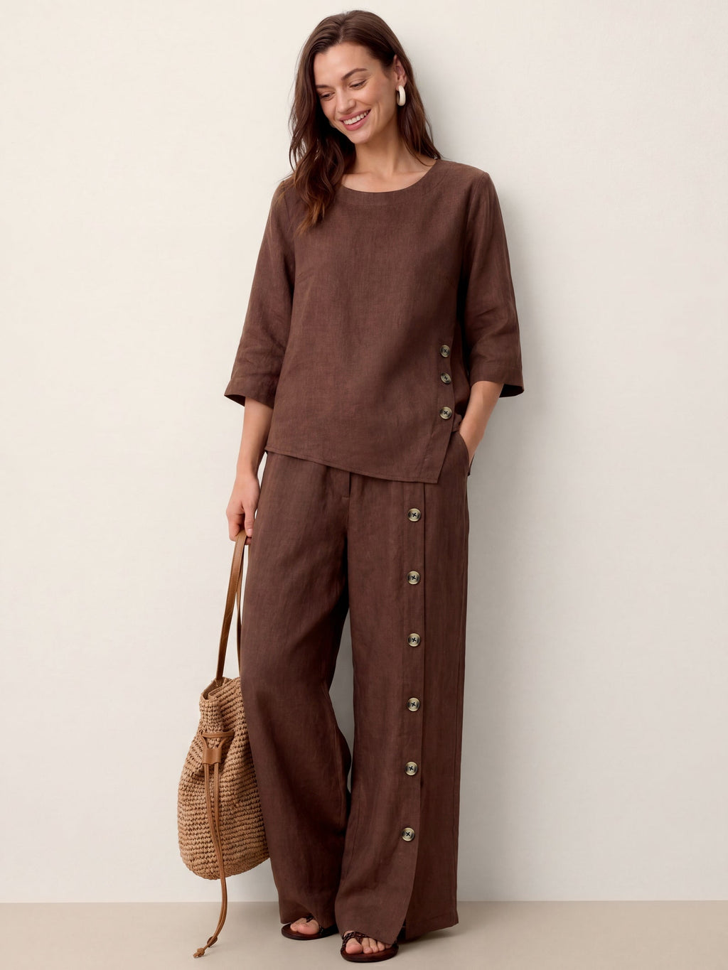 Francesca | Pantaloni in Lino con Bottoni e Spacchi Laterali