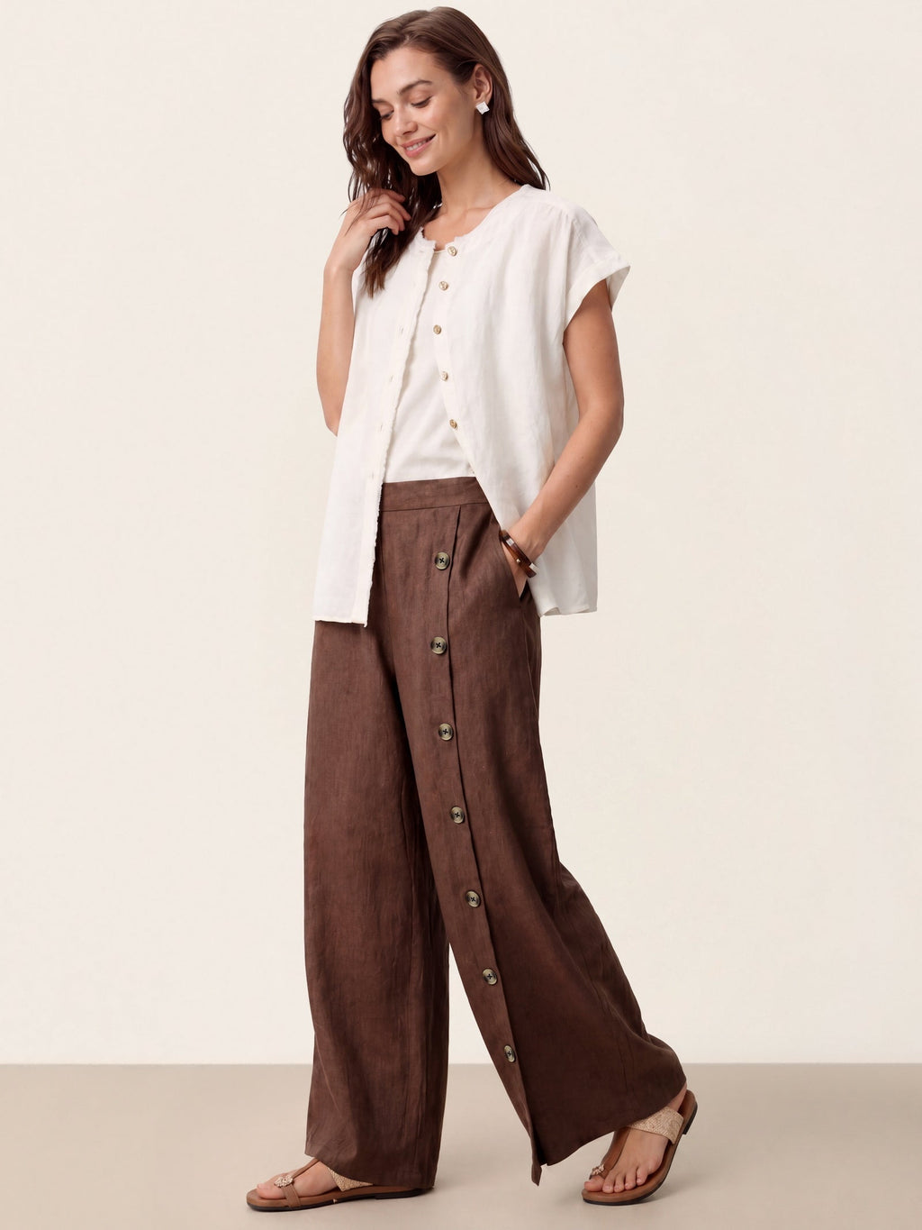 Francesca | Pantaloni in Lino con Bottoni e Spacchi Laterali