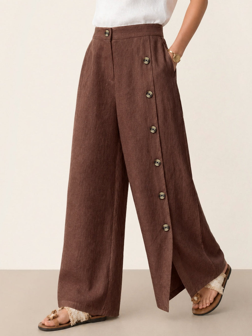 Francesca | Pantaloni in Lino con Bottoni e Spacchi Laterali