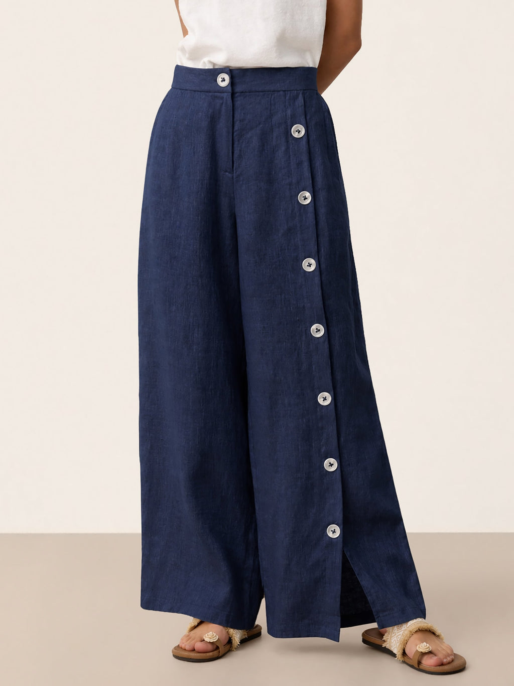 Francesca | Pantaloni in Lino con Bottoni e Spacchi Laterali