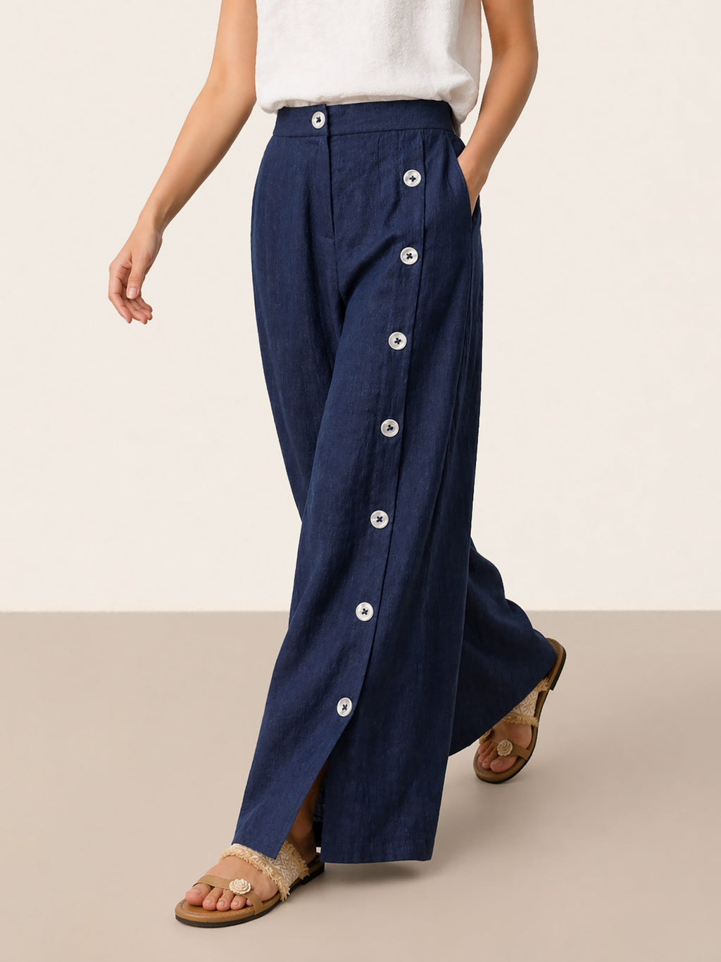 Francesca | Pantaloni in Lino con Bottoni e Spacchi Laterali