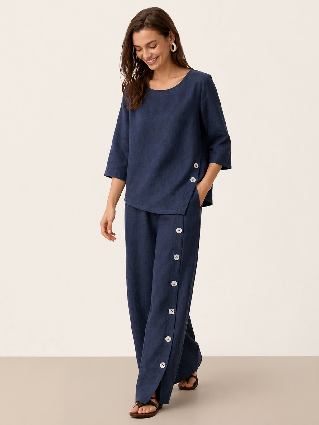 Francesca | Pantaloni in Lino con Bottoni e Spacchi Laterali