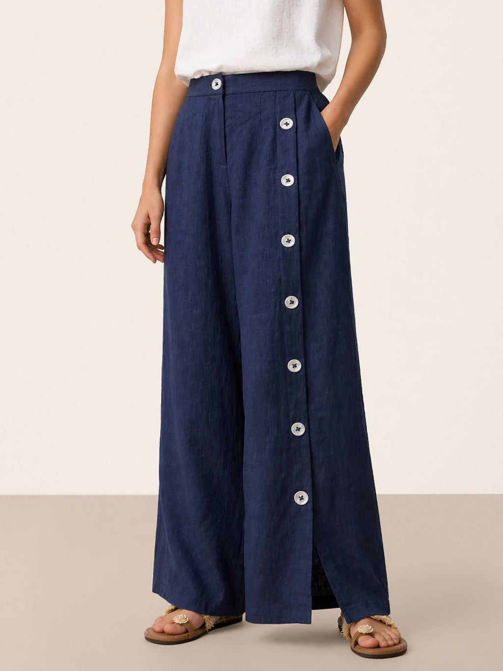 Francesca | Pantaloni in Lino con Bottoni e Spacchi Laterali