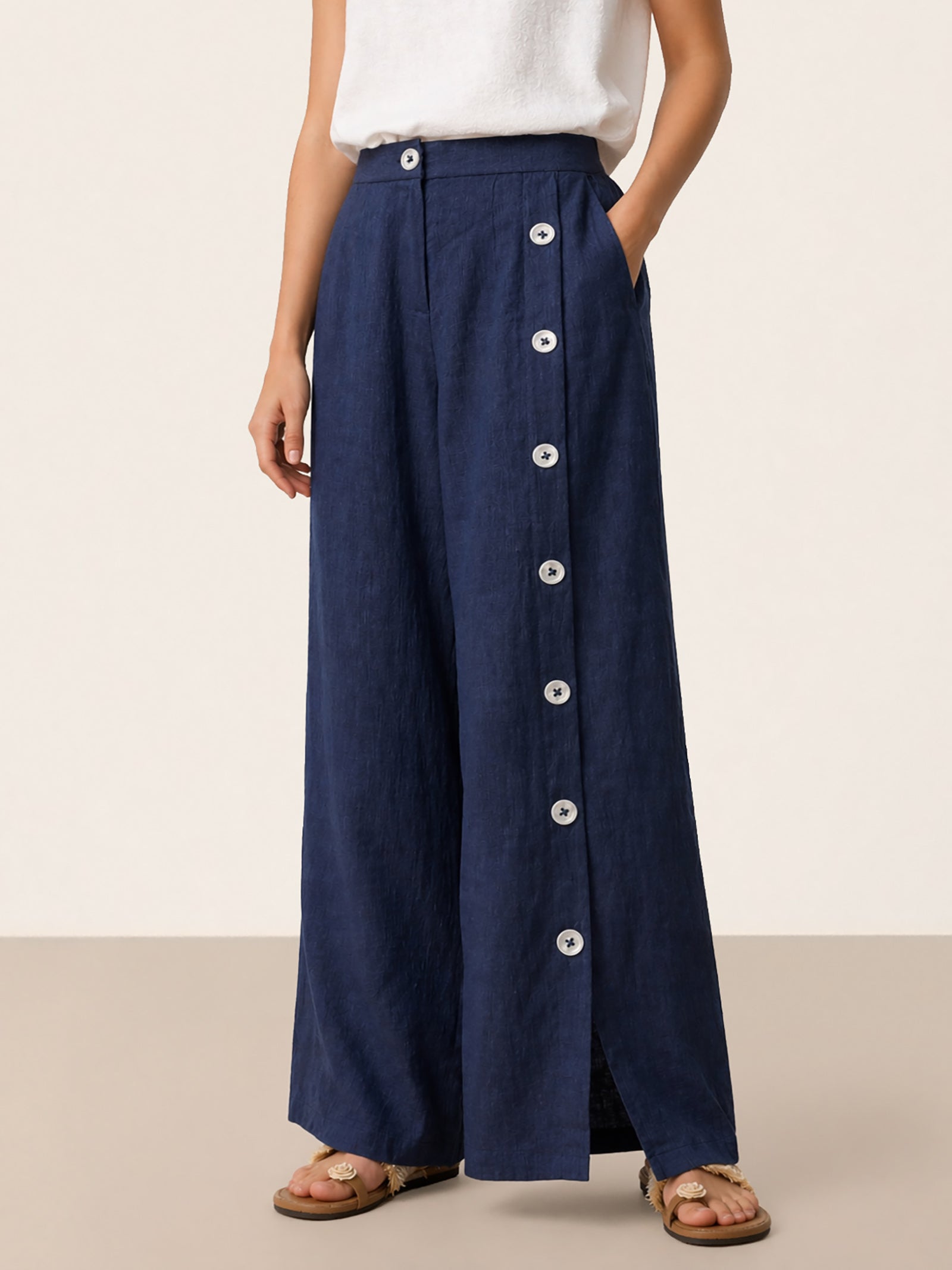 Francesca | Pantaloni in Lino con Bottoni e Spacchi Laterali