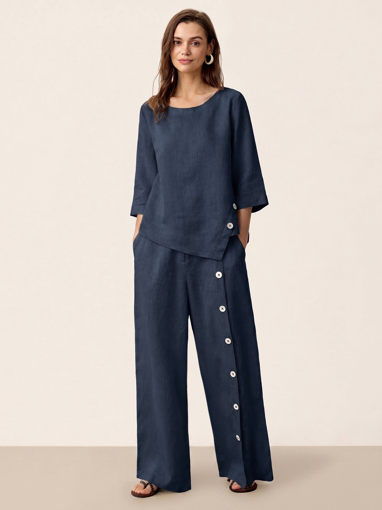 Francesca | Pantaloni in Lino con Bottoni e Spacchi Laterali