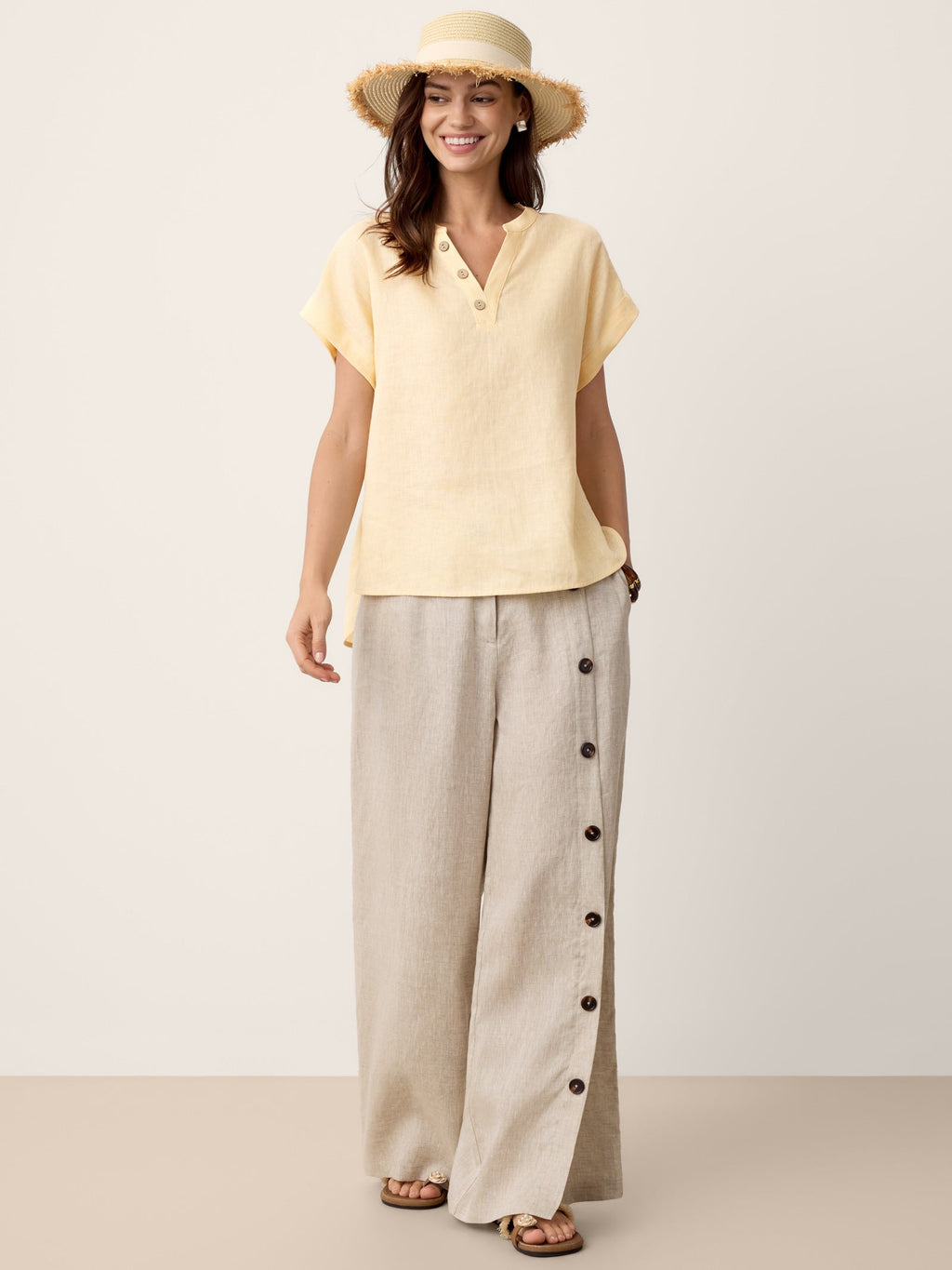Francesca | Pantaloni in Lino con Bottoni e Spacchi Laterali