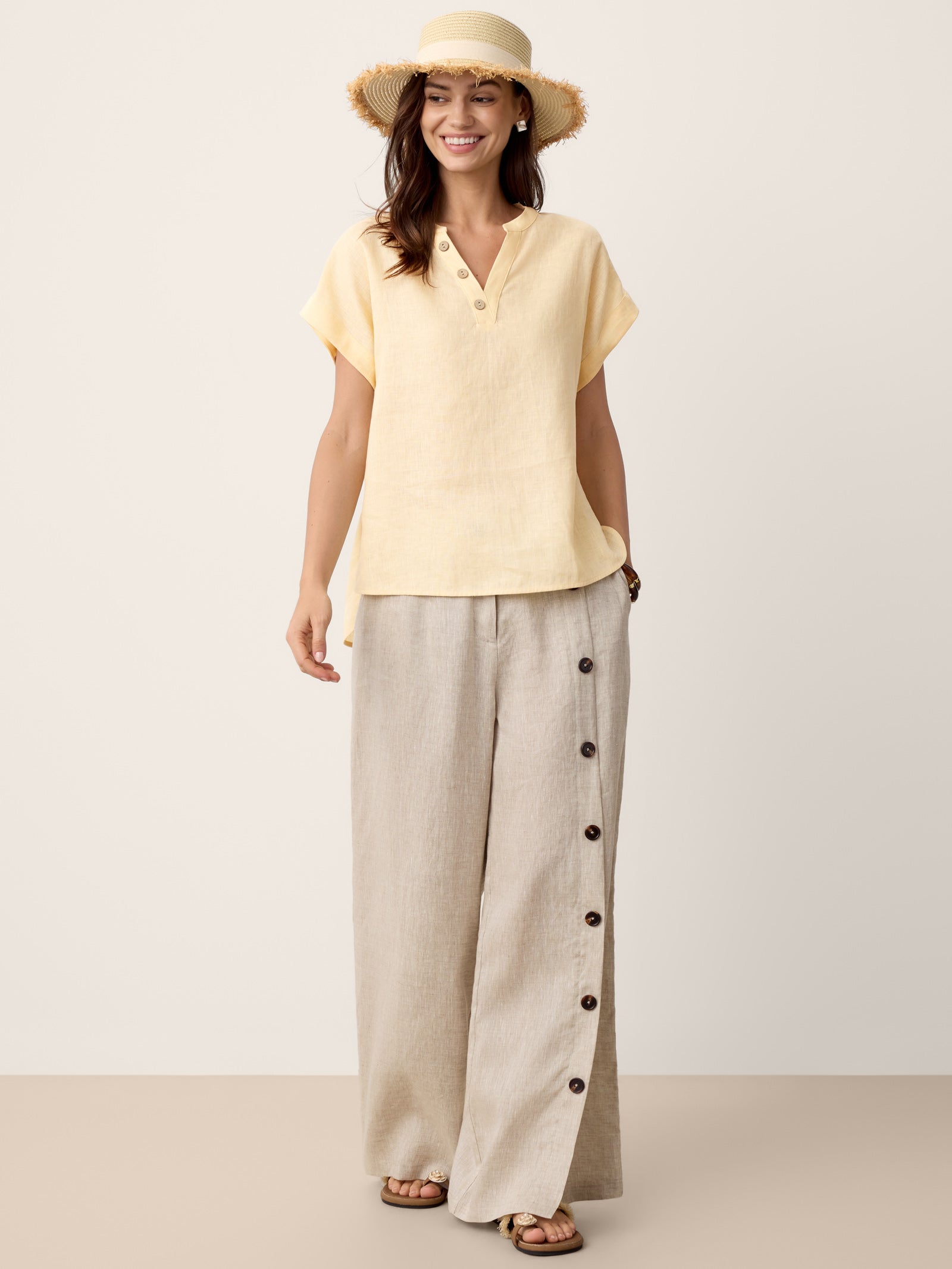 Francesca | Pantaloni in Lino con Bottoni e Spacchi Laterali
