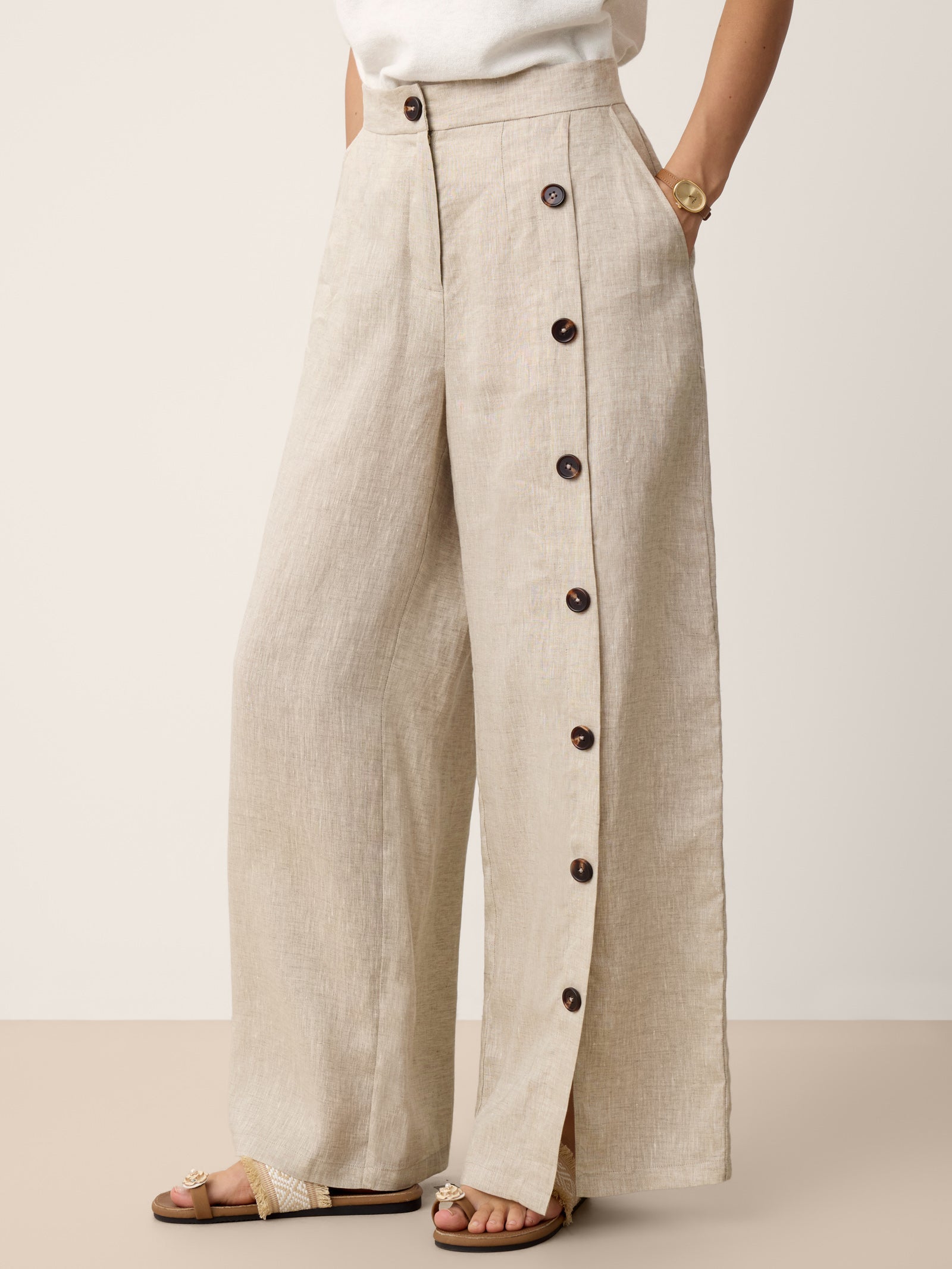 Francesca | Pantaloni in Lino con Bottoni e Spacchi Laterali