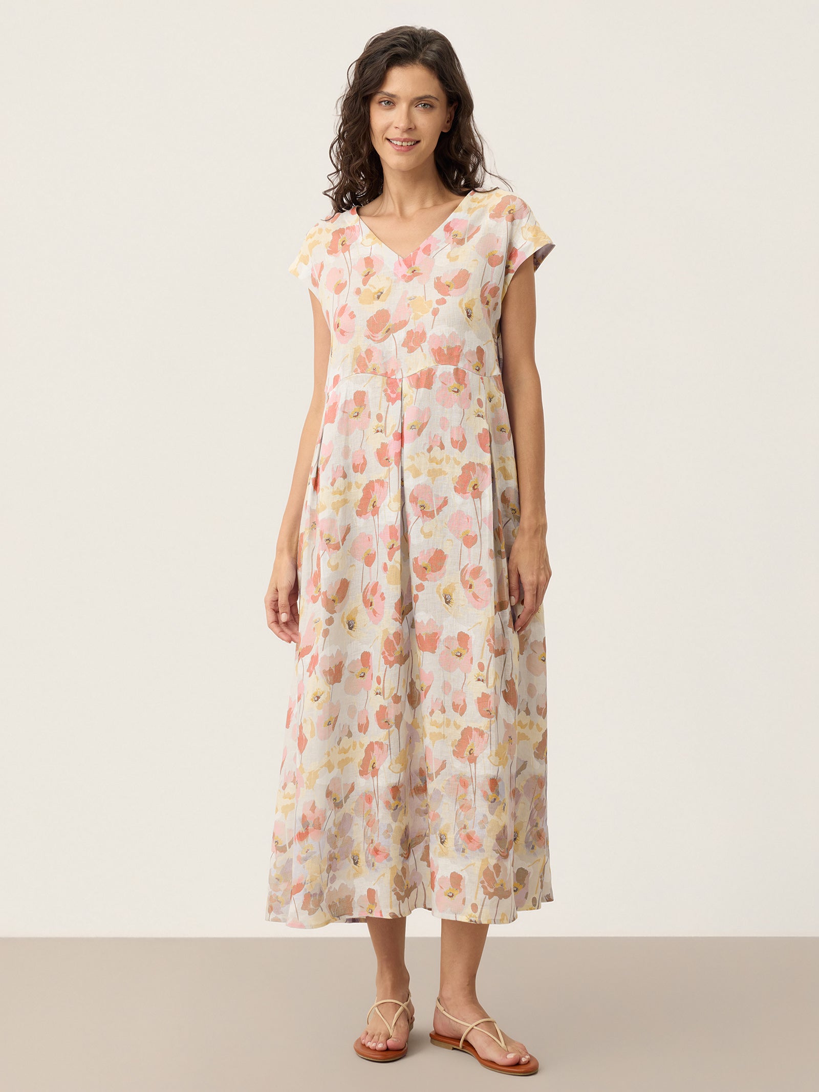 Serena | Abito Lungo in Lino con Stampa a Garofani