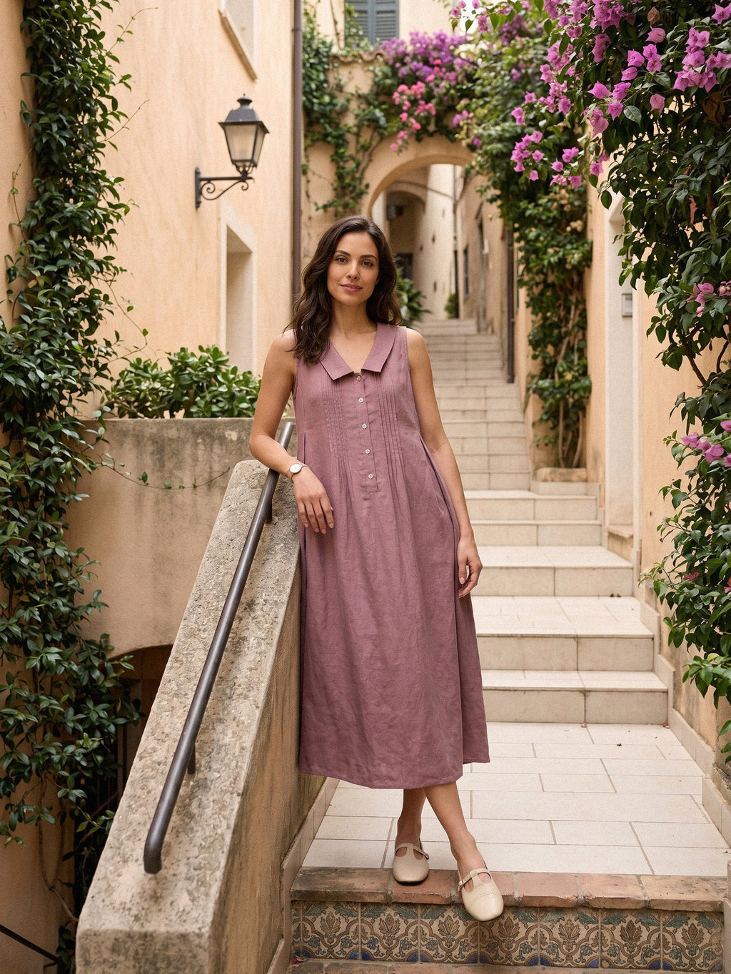 Lianna | Abito Midi in Lino con Colletto Peter Pan