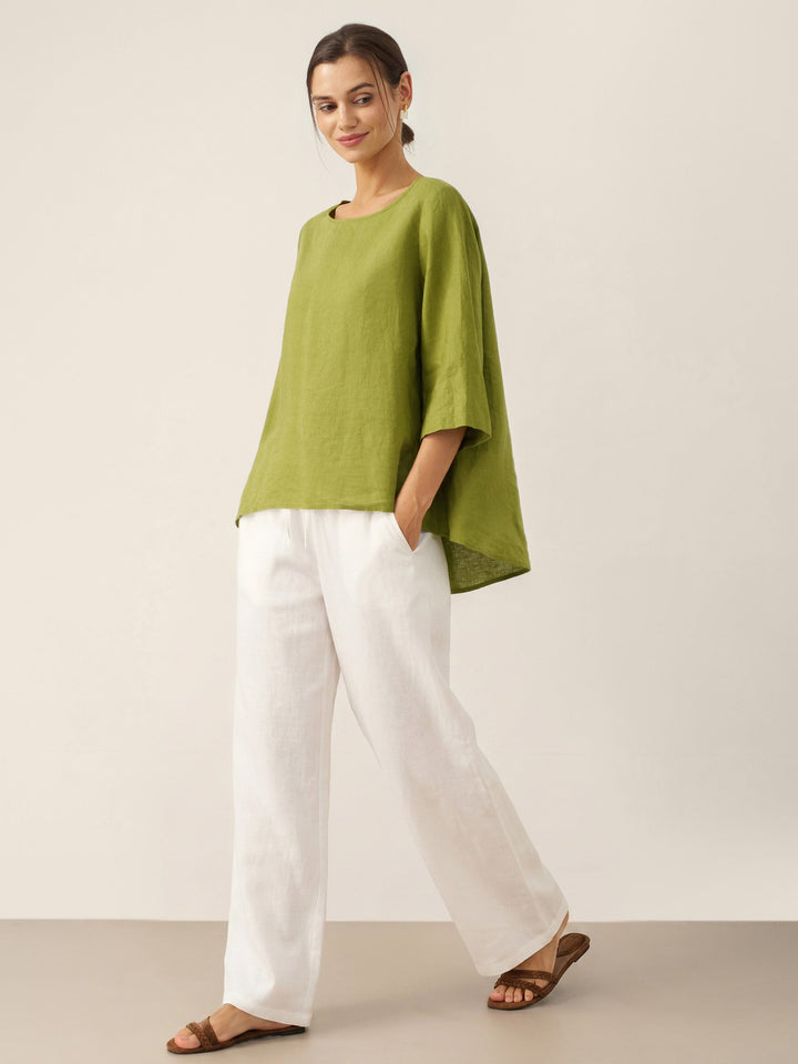 Brianna | Top in Lino con Collo Tondo e Orlo Asimmetrico