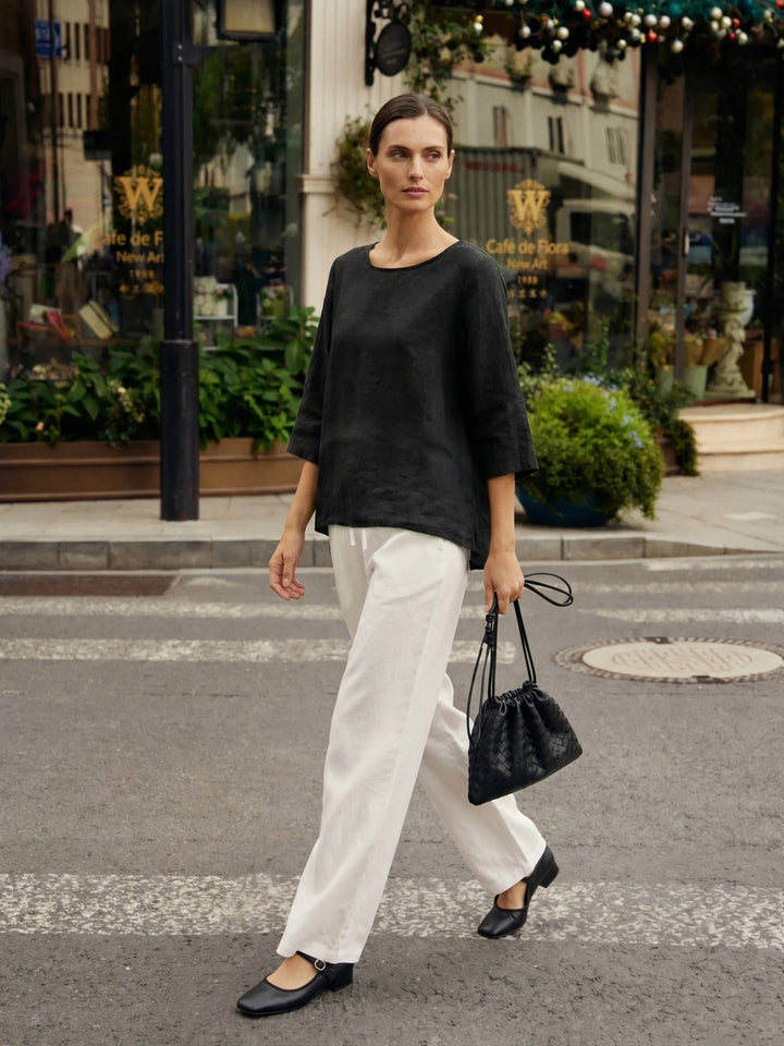 Brianna | Top in Lino con Collo Tondo e Orlo Asimmetrico