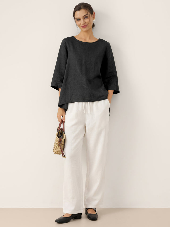 Brianna | Top in Lino con Collo Tondo e Orlo Asimmetrico