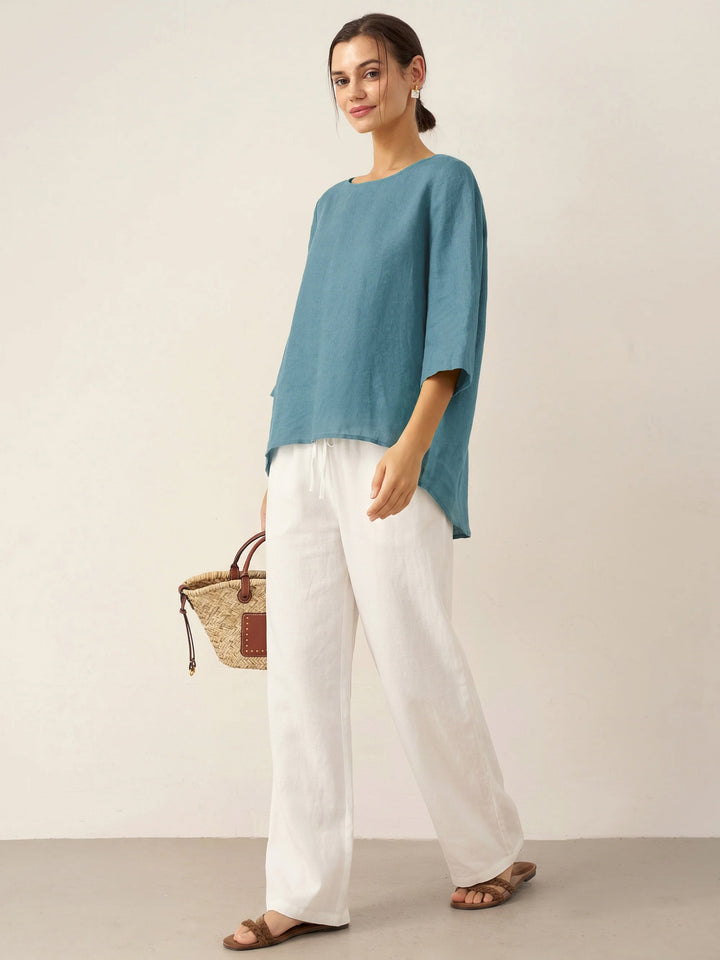 Brianna | Top in Lino con Collo Tondo e Orlo Asimmetrico