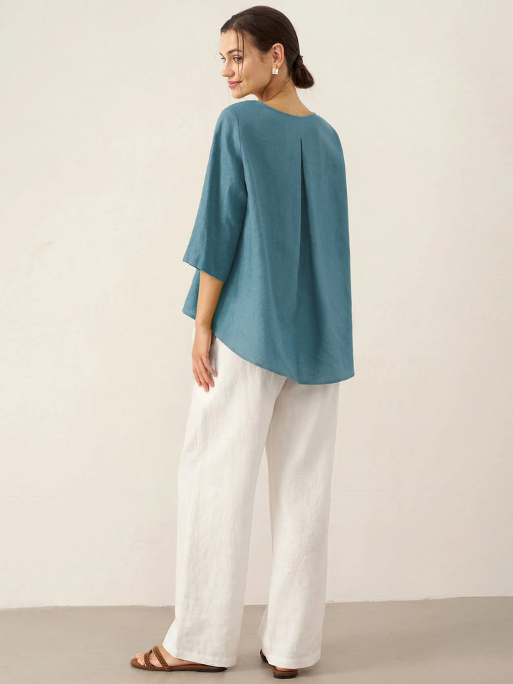 Brianna | Top in Lino con Collo Tondo e Orlo Asimmetrico