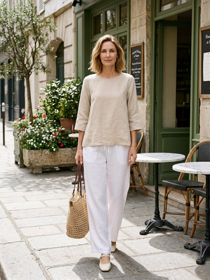 Brianna | Top in Lino con Collo Tondo e Orlo Asimmetrico