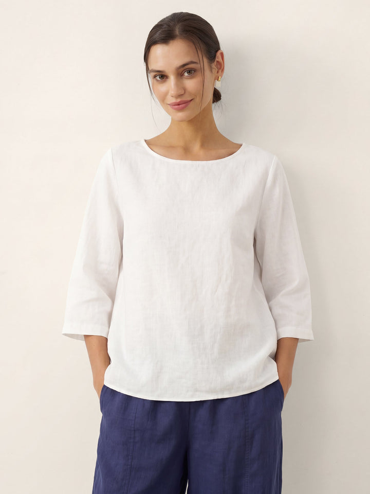 Brianna | Top in Lino con Collo Tondo e Orlo Asimmetrico