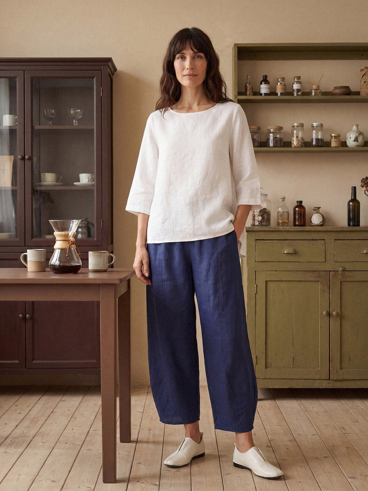 Brianna | Top in Lino con Collo Tondo e Orlo Asimmetrico