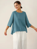 Brianna | Top in Lino con Collo Tondo e Orlo Asimmetrico