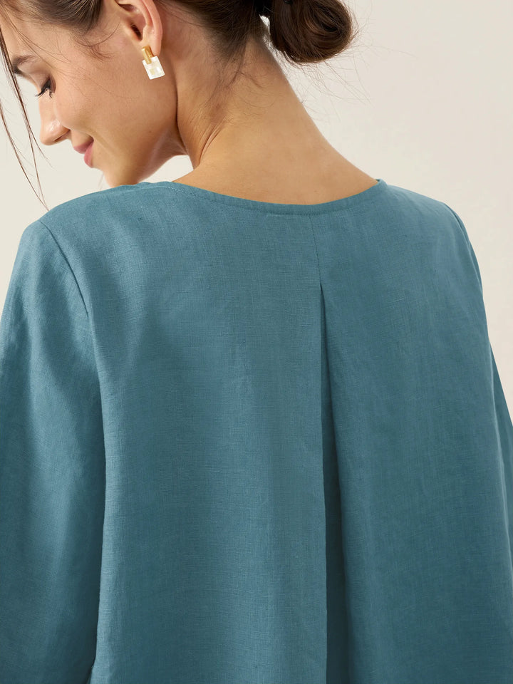 Brianna | Top in Lino con Collo Tondo e Orlo Asimmetrico