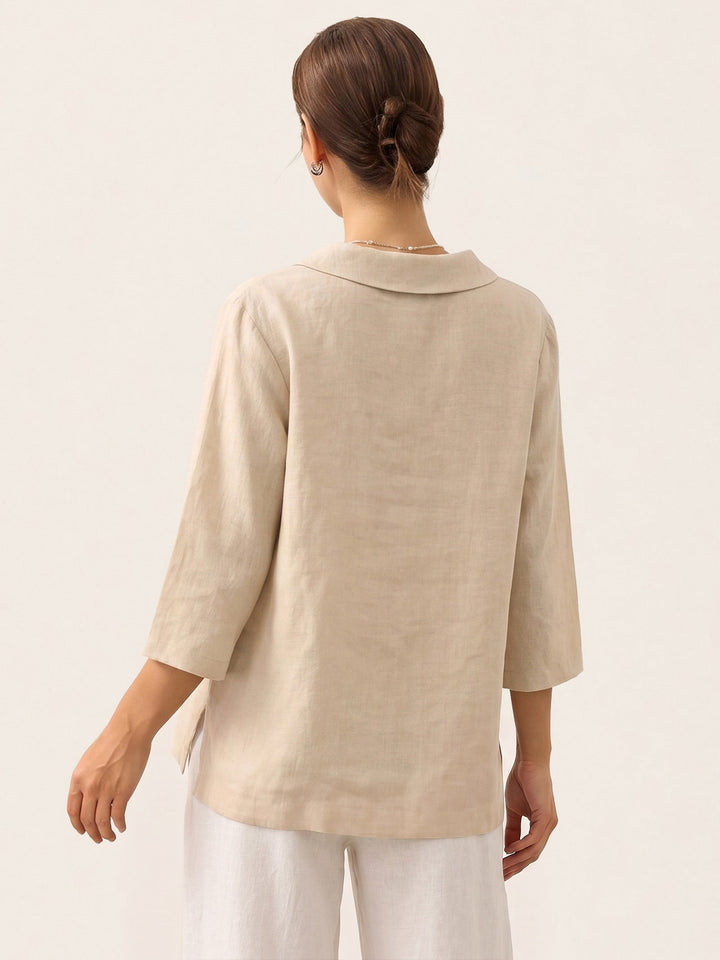 Giada | Top in Lino con Scollo a V e Maniche Corte