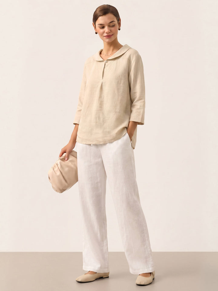 Giada | Top in Lino con Scollo a V e Maniche Corte